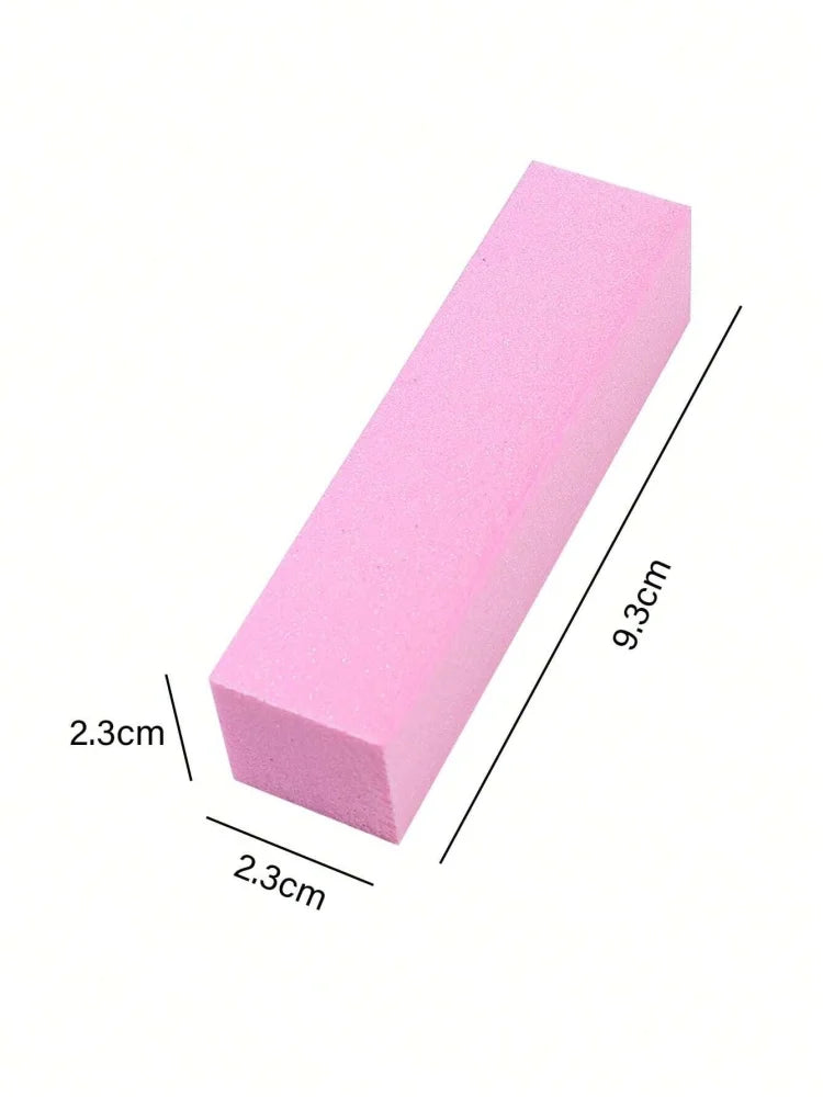 A pink rectangular nail buffer block with dimensions 2.3cm by 2.3cm and a height of 9.3cm.