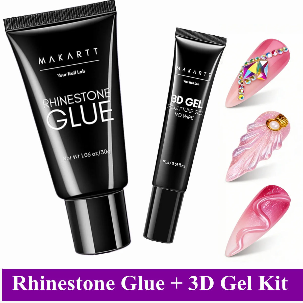 A kit containing rhinestone glue and 3D gel for nail art and charms.