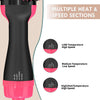 A black hair dryer with a pink base showing multiple heat and speed sections for different styling needs.