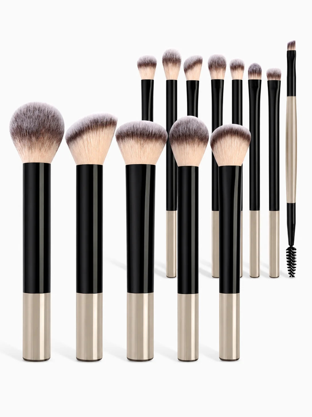 A set of complete makeup brushes with soft bristles shown standing upright against a white background.