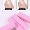 Pink nail buffer blocks shown before and after use for smoothing and polishing fingernails