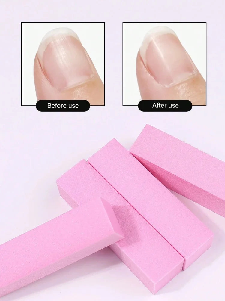Pink nail buffer blocks shown before and after use for smoothing and polishing fingernails