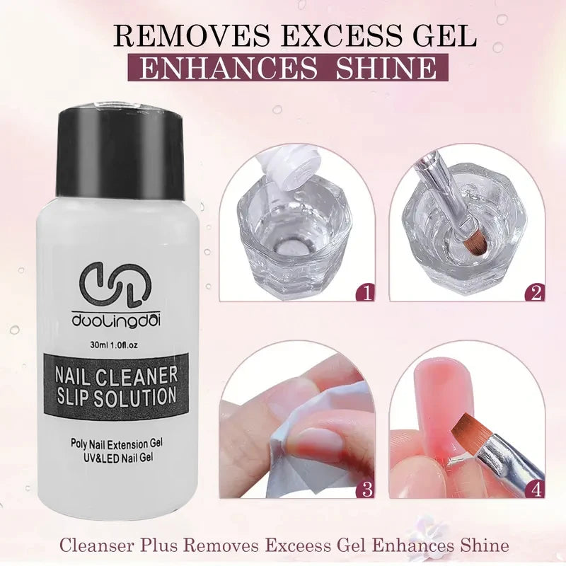 A bottle of Nail Cleaner Slip Solution for removing excess gel and enhancing shine, shown with related tools.