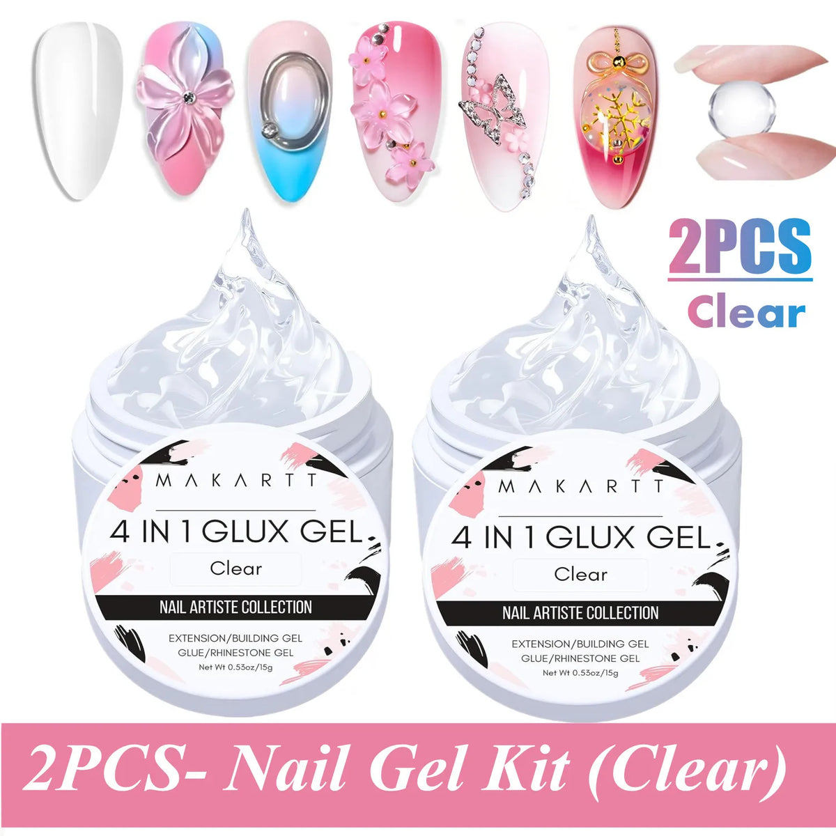 A set of two clear nail gel kits featuring various colored and glitter nail tips for extensions and nail art.