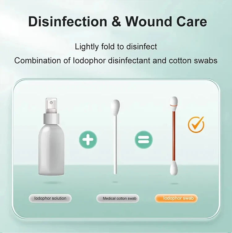 Combinaison de désinfectant iodophore et cotons-tiges pour les soins de plaies.