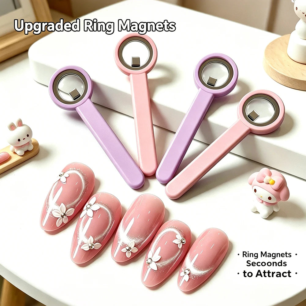 A set of upgraded ring magnets used for nail art, featuring pink and purple magnetic sticks.