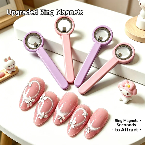 A set of upgraded ring magnets used for nail art, featuring pink and purple magnetic sticks.