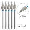 A set of five diamond nail drill bits with silver shafts and blue tips, shown in a magnified view.