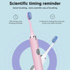A pink sonic electric toothbrush is shown with a replacement brush head, illustrating scientific timing reminders for brushin