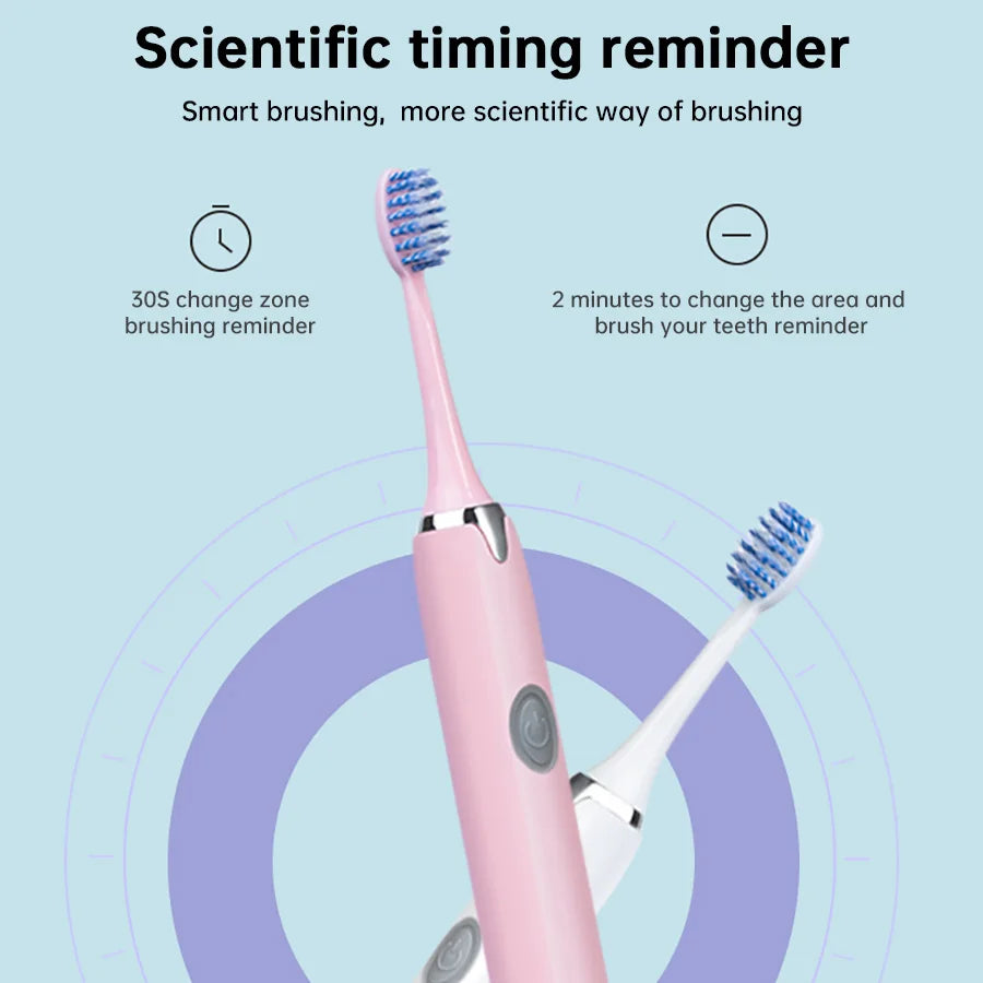 A pink sonic electric toothbrush is shown with a replacement brush head, illustrating scientific timing reminders for brushin