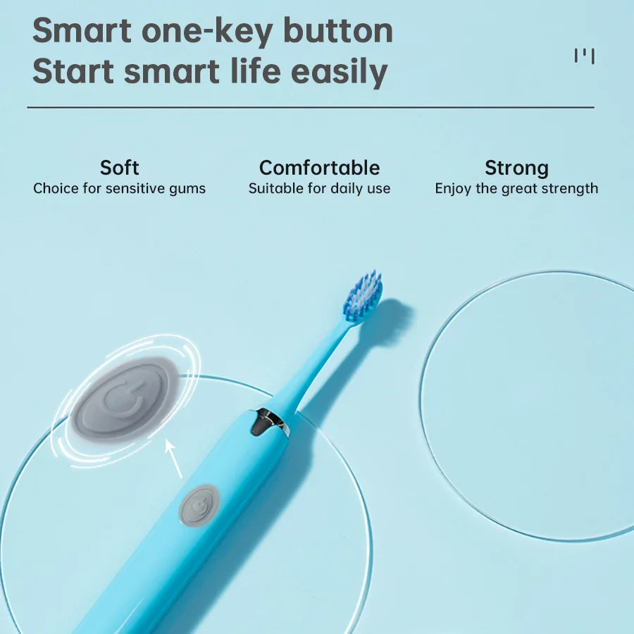 A blue electric toothbrush with a replaceable head is shown on a light blue background.