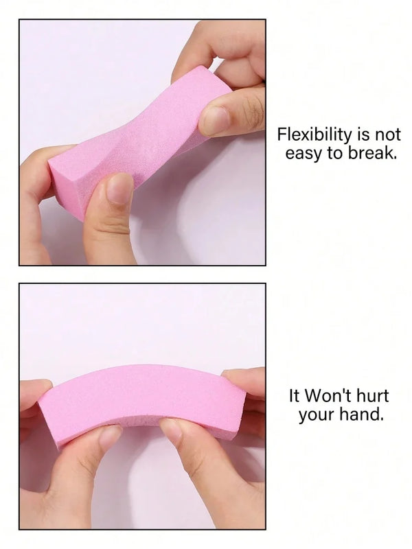 Hands demonstrate the flexibility and gentle use of a pink nail buffer block for smoothing and polishing.