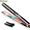 Plancha y rizador de cabello de cerámica profesional en color oro rosa, mostrados en diagonal.