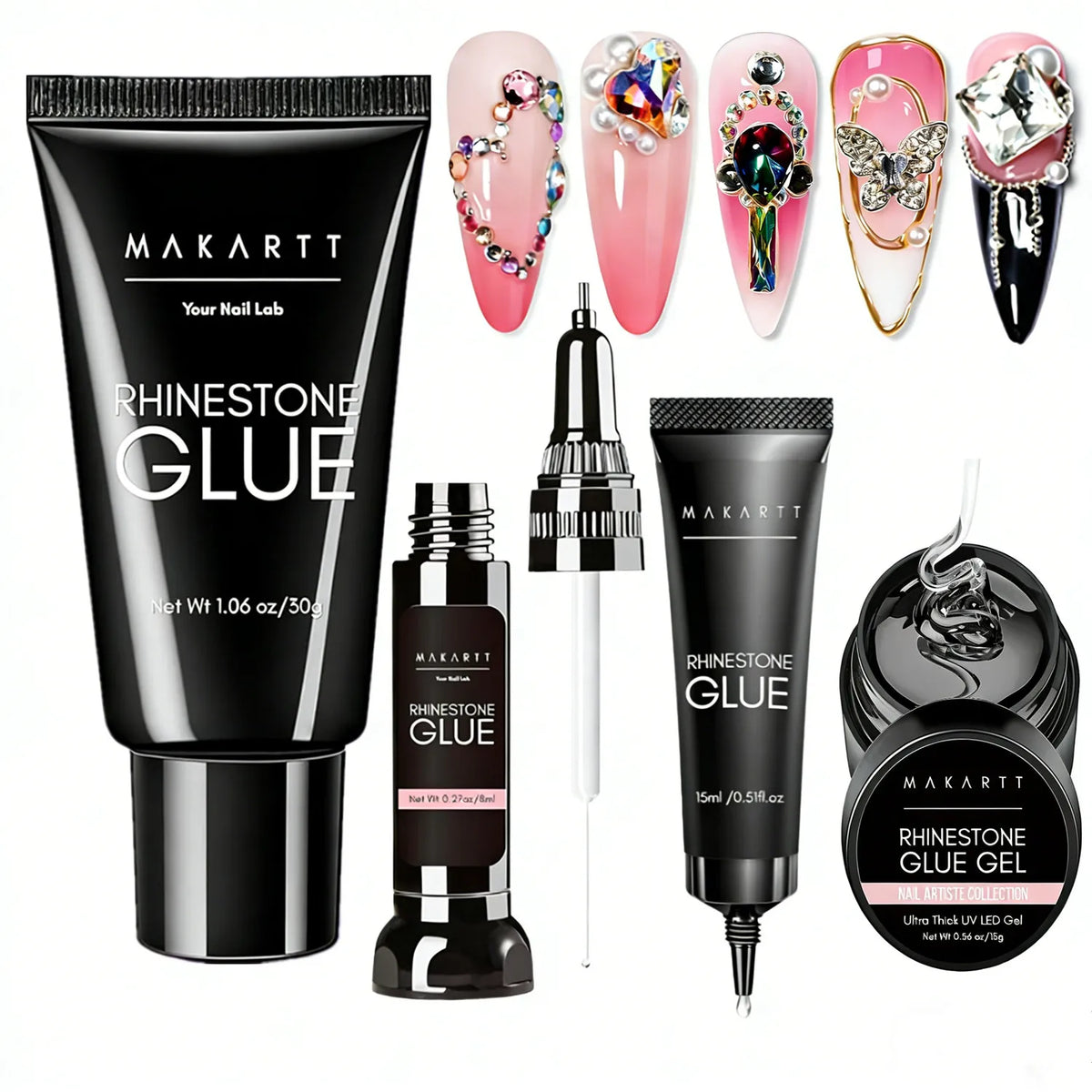 A collection of Makartt Rhinestone Glue products including a tube, bottle, and various nail art designs.