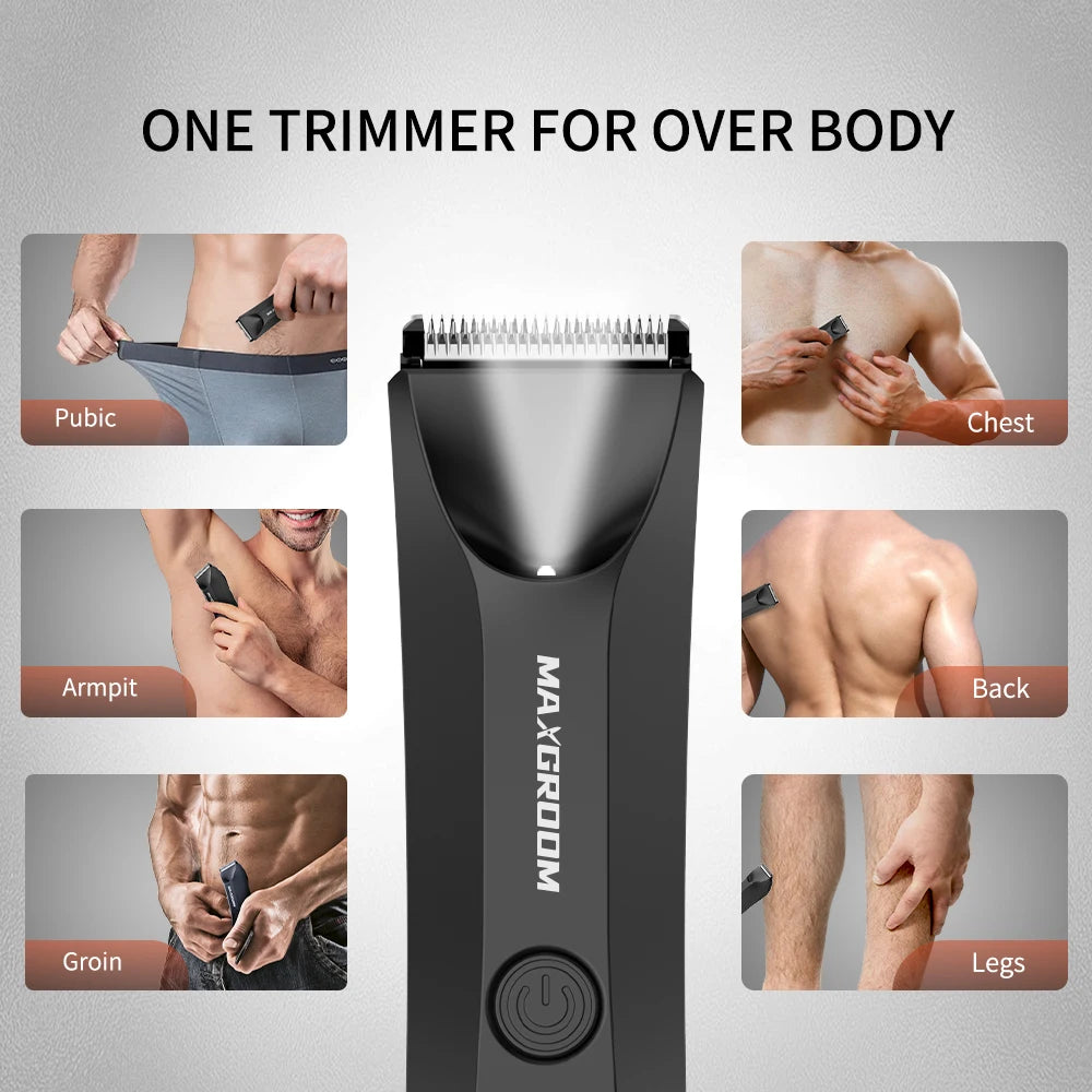 A black electric body hair trimmer shown with various application areas including pubic, chest, armpit, groin, back, and legs