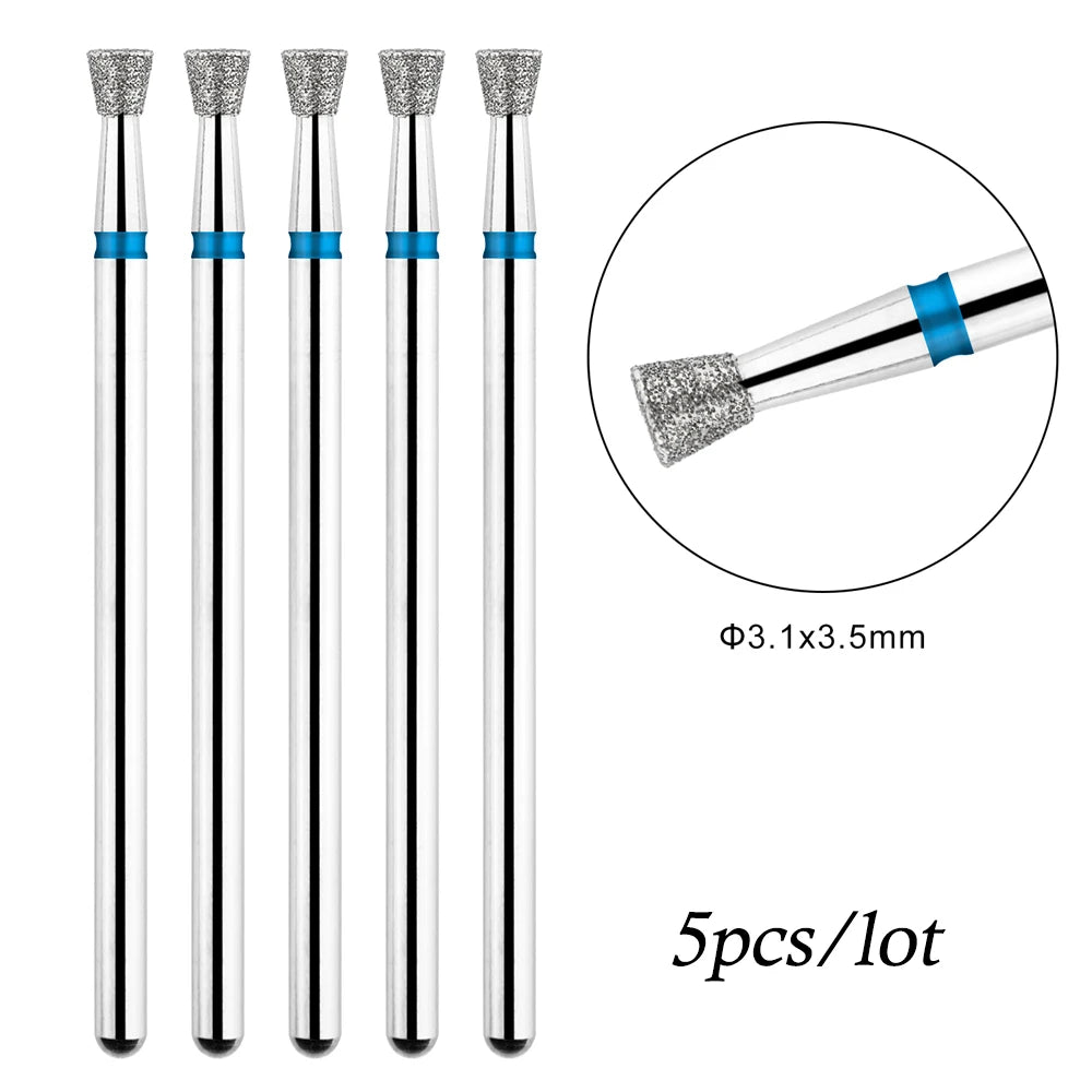 A set of five diamond nail drill bits with silver and blue accents shown in various orientations.