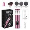 A pink portable foot grinder set showing the main unit and replacement sanding discs.