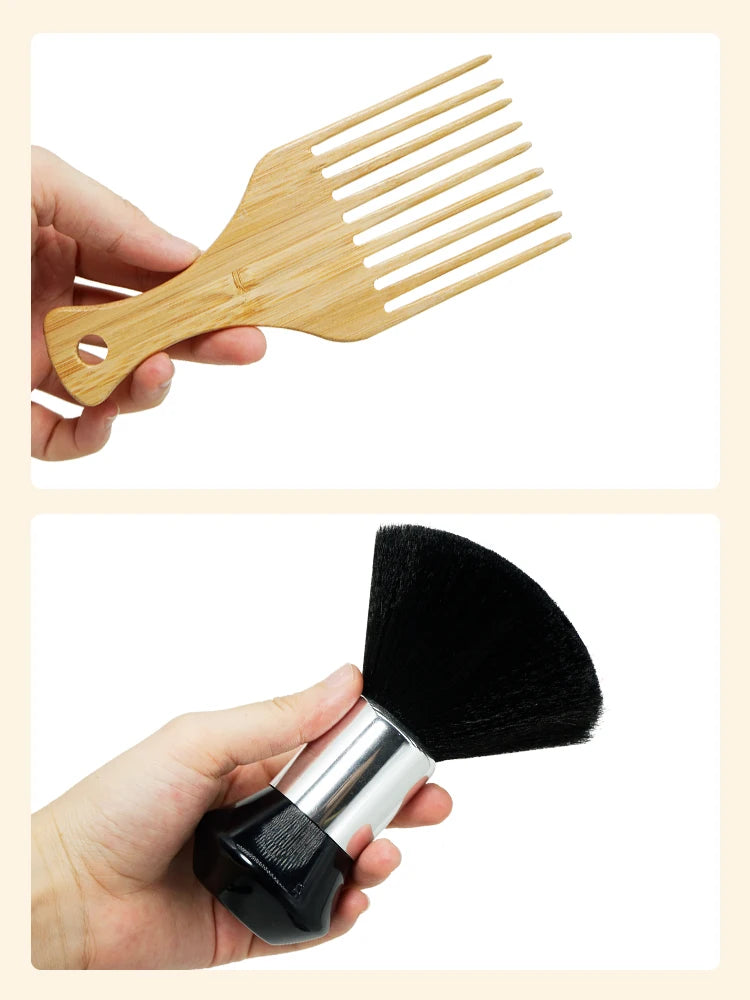 A wooden grooming brush and a black duster brush are shown being held by a hand.