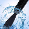 A black duster brush is shown splashing water, demonstrating its use for cleaning neck and facial hair.