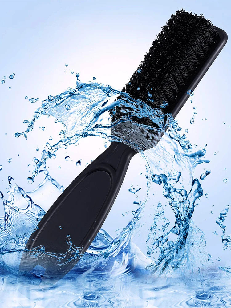 A black duster brush is shown splashing water, demonstrating its use for cleaning neck and facial hair.