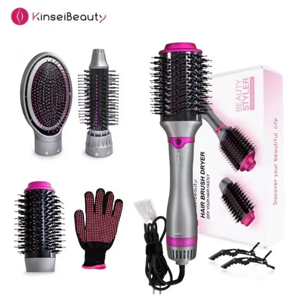 Set aus rosa und silberner elektrische Heißluftpinsel für Haartrockner mit schwarter Silikonhandschuh.