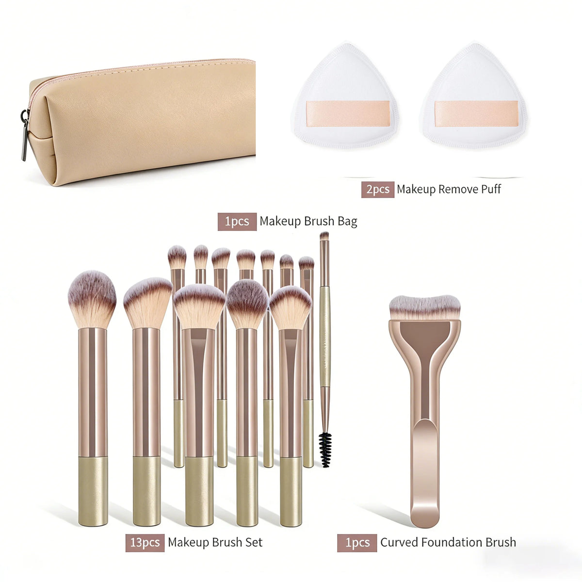 A set of makeup brushes and a powder puff including a brush bag and a curved foundation brush