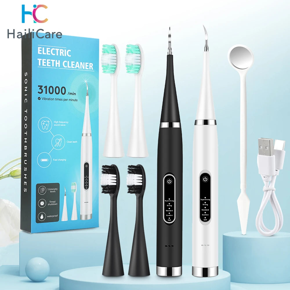 A set of electric toothbrushes and a scaler tool displayed on a light blue background.