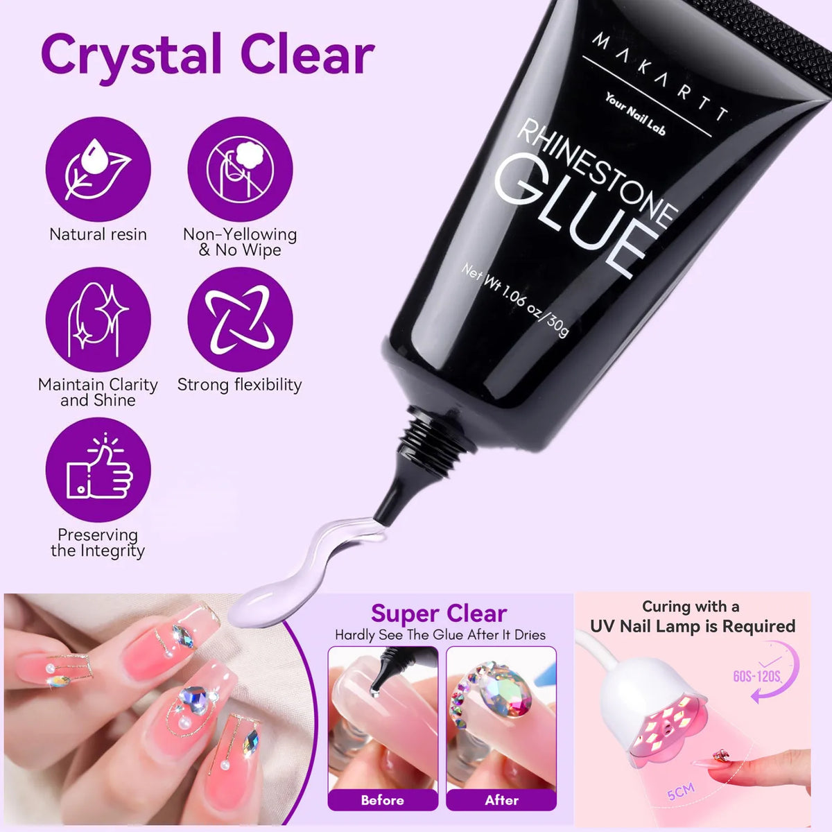 A tube of Makart Rhinestone Glue is shown with before and after photos demonstrating its use on nails.