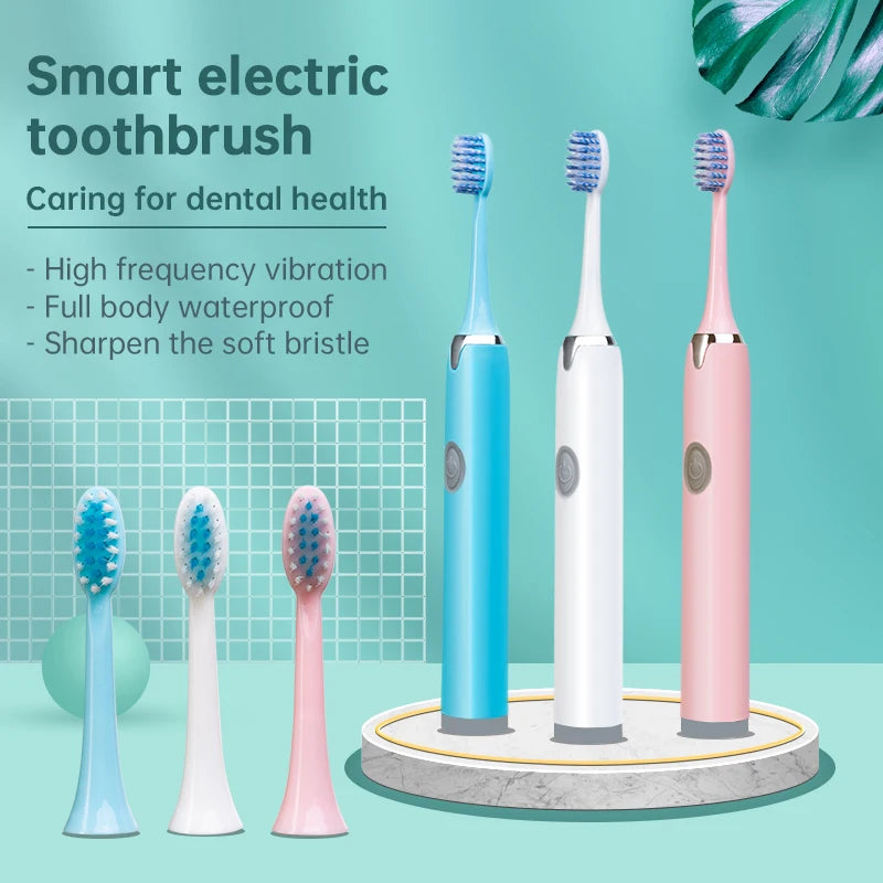 Three smart electric toothbrushes in blue, white, and pink are displayed on a stand.