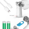 A handheld mesh nebulizer device shown with its USB interface and AA battery compartment.