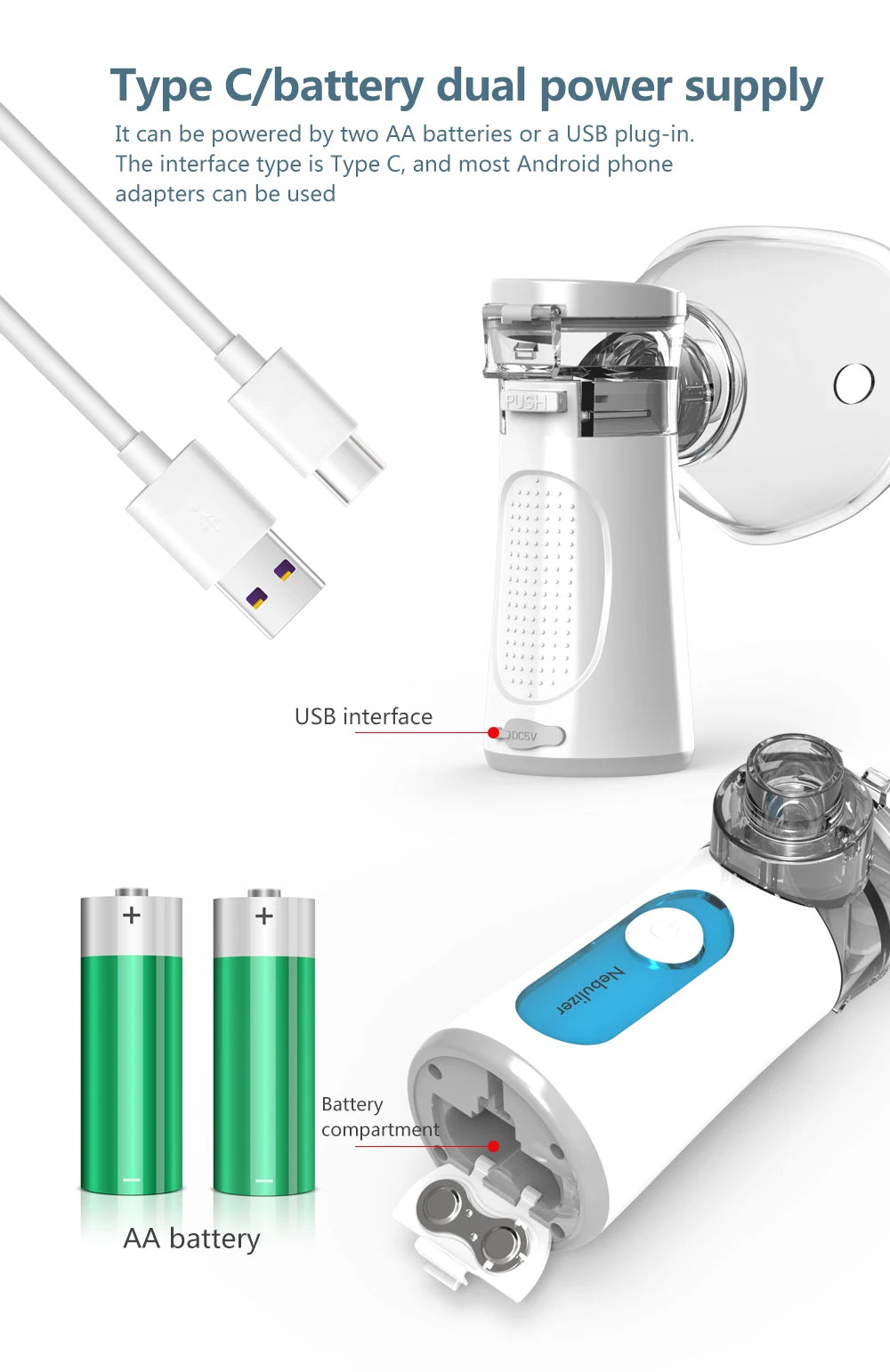 A handheld mesh nebulizer device shown with its USB interface and AA battery compartment.