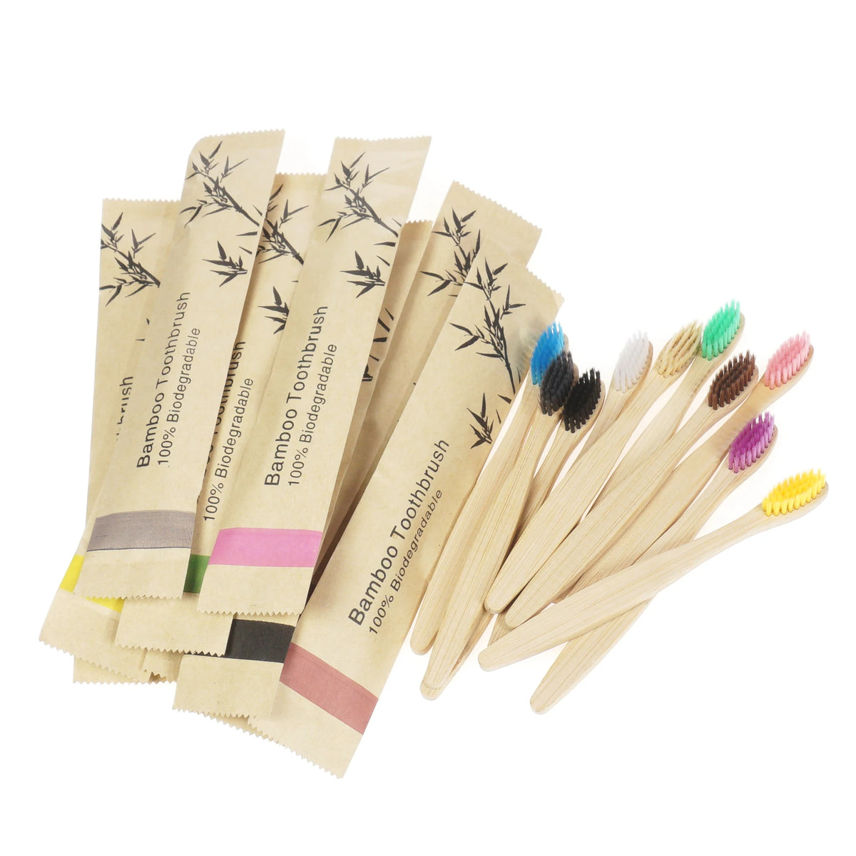 A pack of ten bamboo toothbrushes with soft bristles and bamboo leaves printed on the packaging.