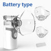 A white portable medical nebulizer device with a clear mask and accessory pieces shown from various angles.
