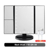 Black LED vanity makeup mirror with touch control and adjustable magnification.