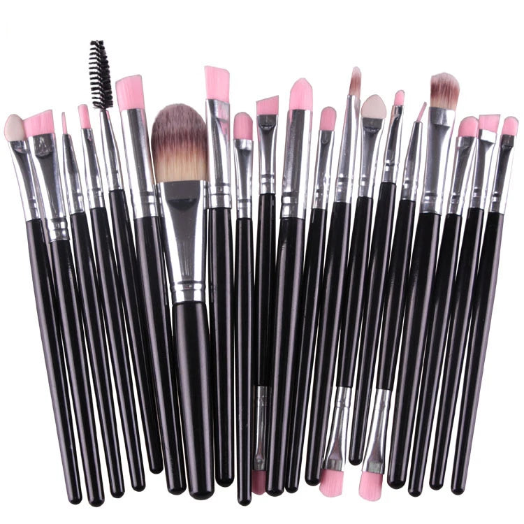 A collection of 20 professional makeup brushes in various sizes and colors.