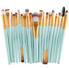 A collection of 20 professional makeup brushes with light blue handles and gold ferrules