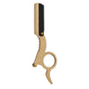 A professional straight edge barber razor with a light tan handle and black blade.