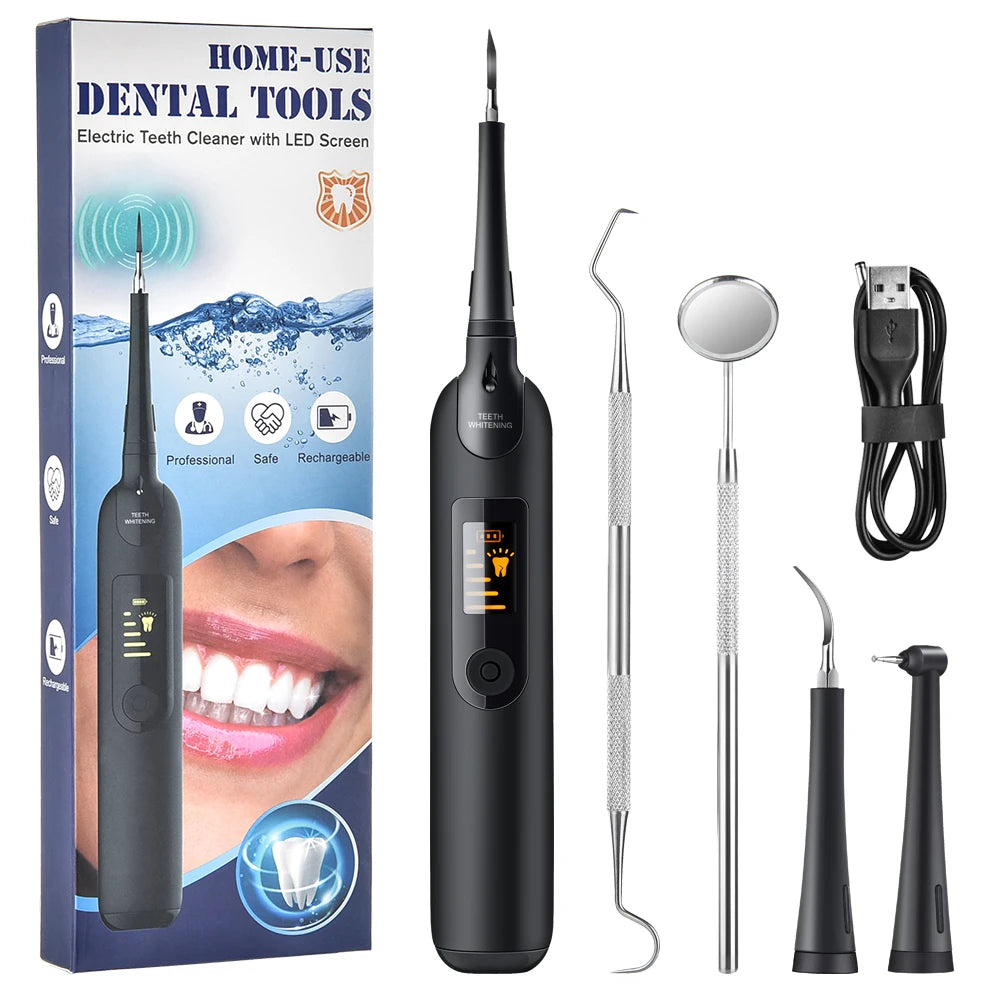 A black electric dental tool with a long scaler and mirror is shown next to its charging cable.