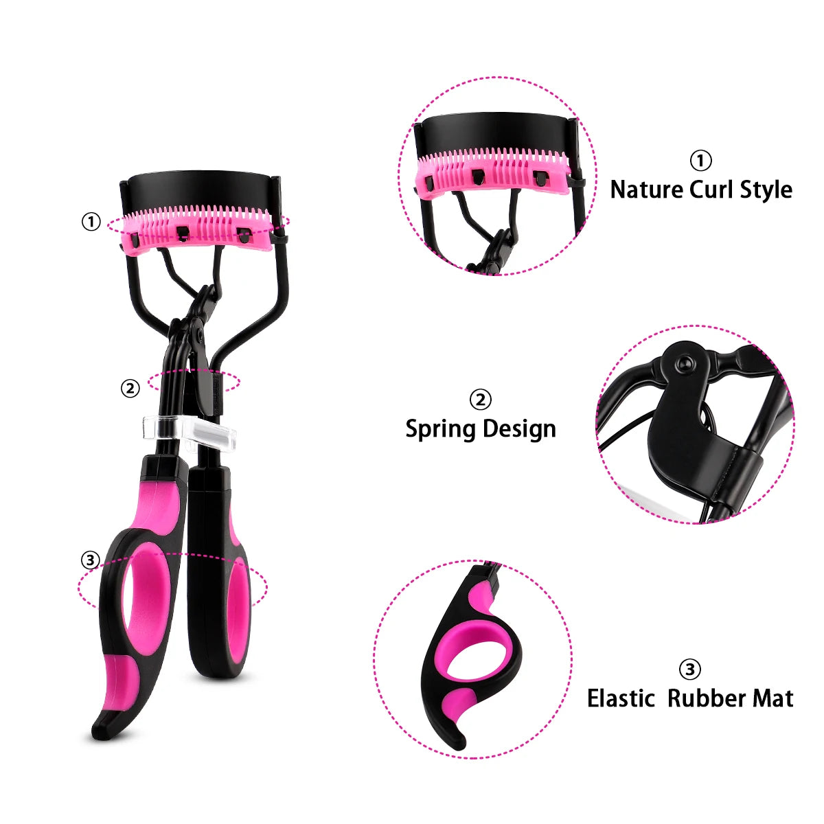 A professional eyelash curler shown with three components: a nature curl style pad, a spring design mechanism, and an elastic