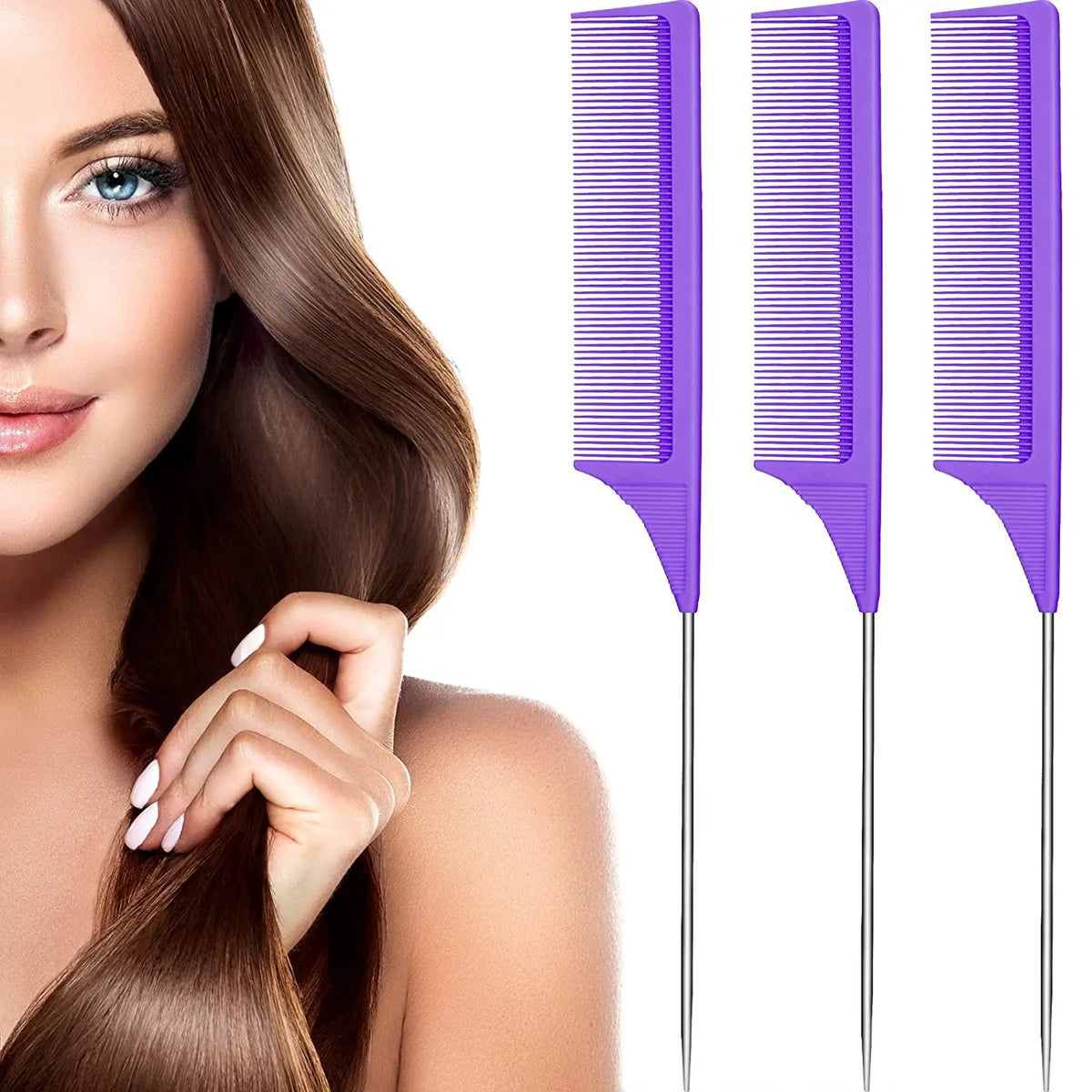 A set of three purple plastic rat tail hair combs shown next to a woman's hair.