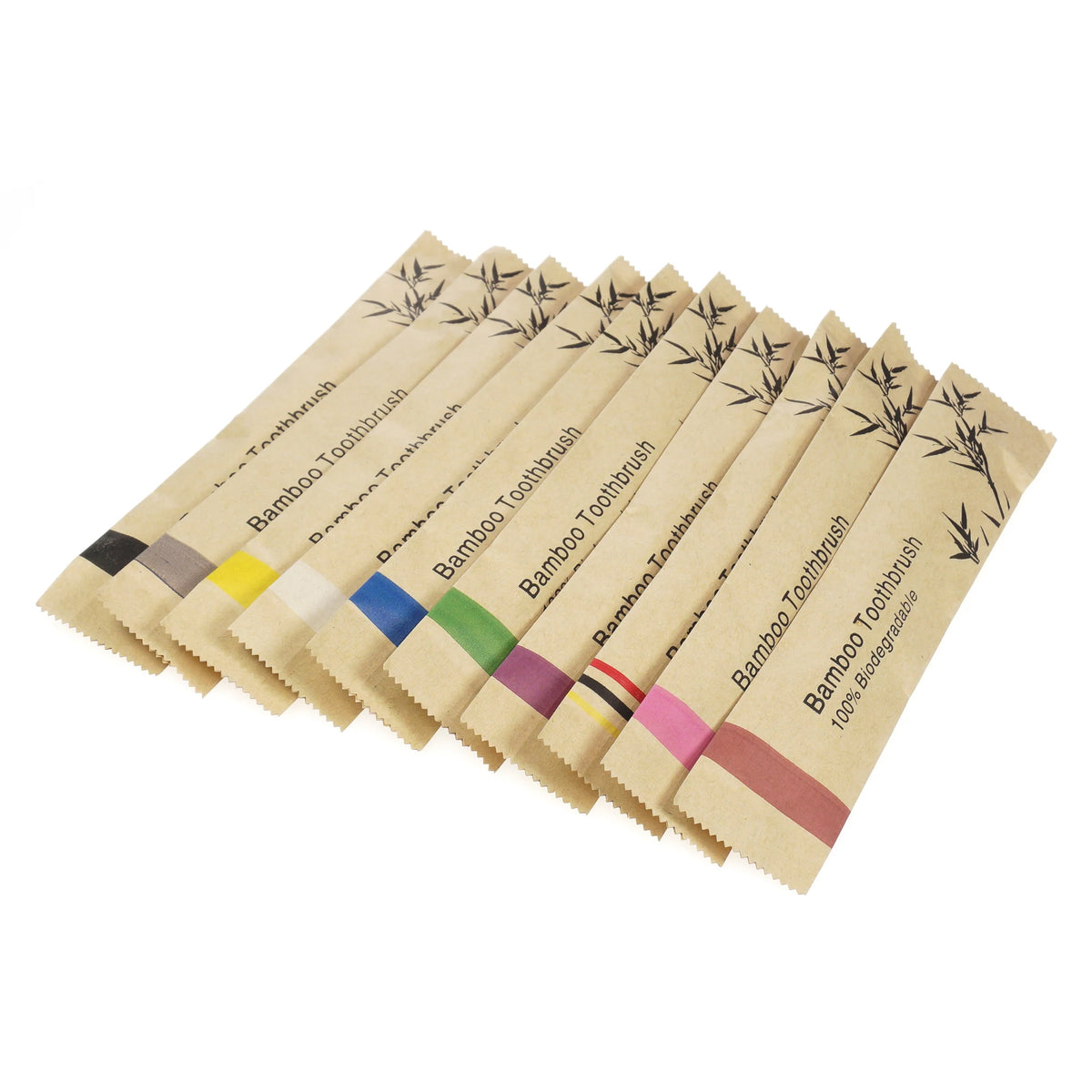A pack of ten children's bamboo toothbrushes with soft bristles in various colors and natural wood packaging.