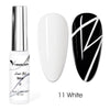 Botella de esmalte de uñas Venalisa Liner Gel Blanco junto a un diseño de arte de uñas blanco y negro.