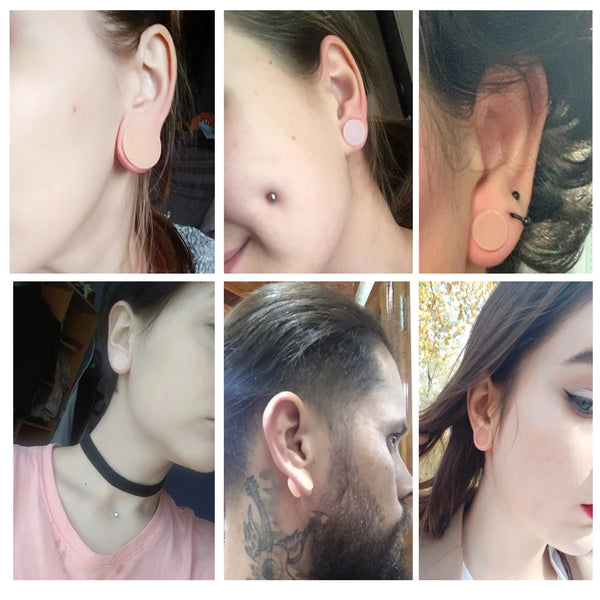 Close-up photos showing flexible silicone double flared ear tunnels worn by a woman.