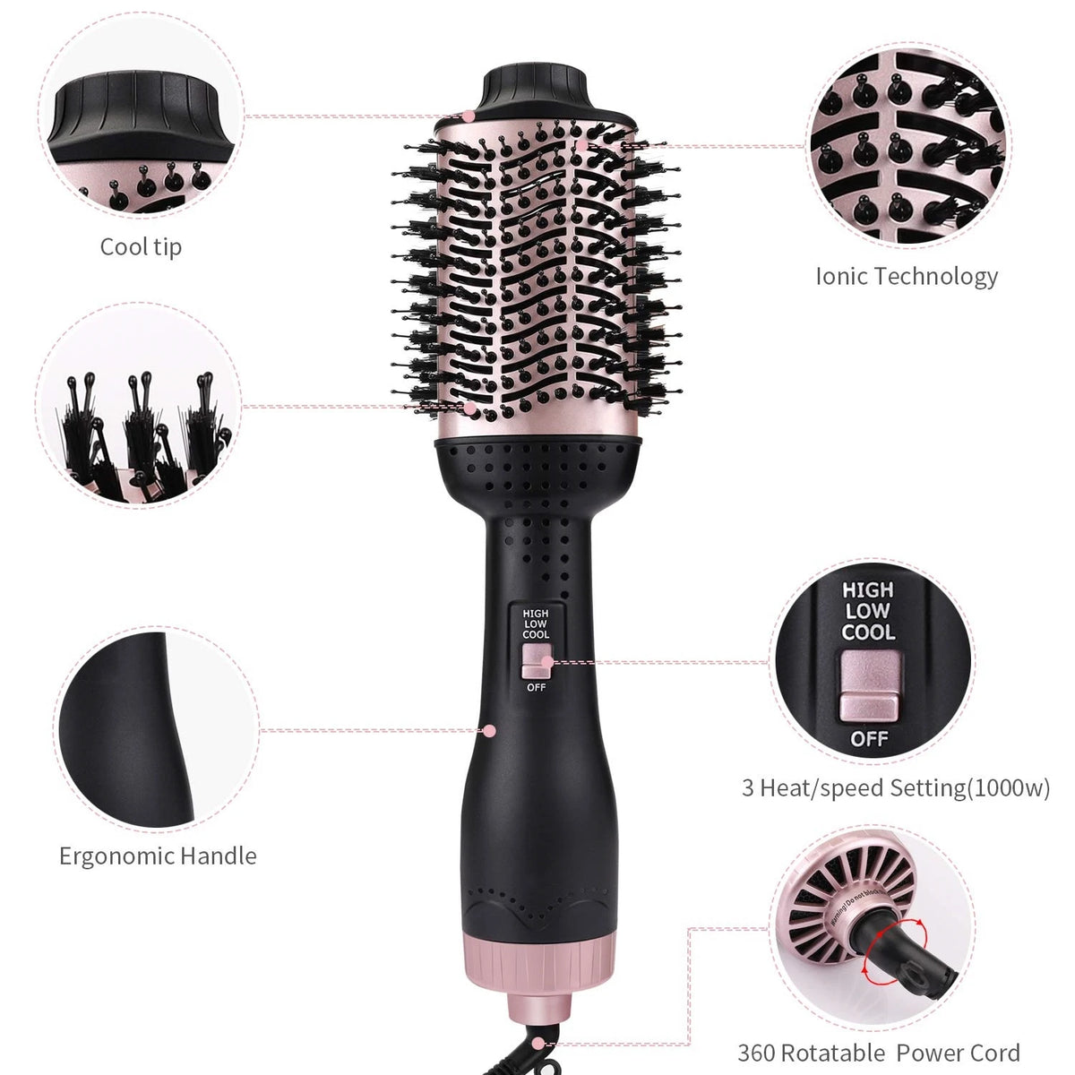 A black and pink 3-in-1 hair dryer and volumizer styling brush with a cool tip, ergonomic handle, and 3 heat/speed settings.