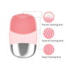 A pink sonic facial cleansing brush showing three cleaning areas: precise, general, and deep.