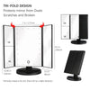 A tri-fold LED vanity makeup mirror showing various folding configurations and dimensions.