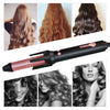 A black ceramic hair curling iron is shown with various curls and a woman using it to style her hair.