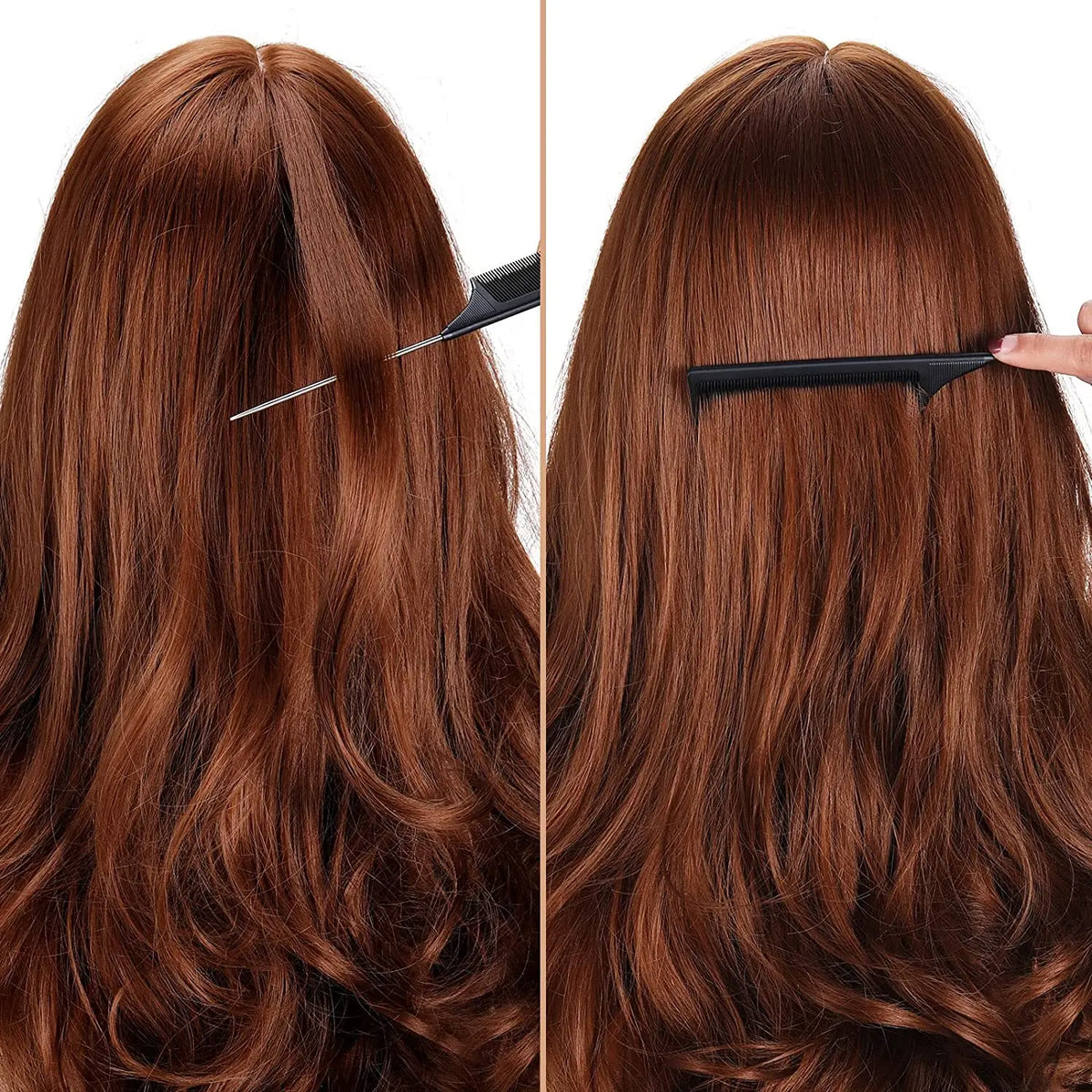 A pair of stainless steel rat tail hair combs used for styling long, reddish-brown hair.