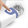 A hand is opening a white portable medical nebulizer with a blue button, demonstrating one-key operation.