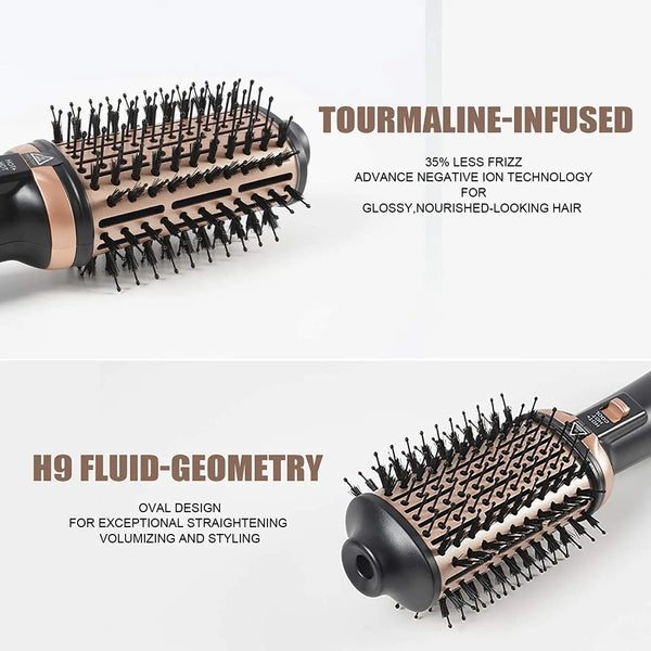 Pince à coiffer noire avec accents dorés, montrant ses caractéristiques, infusion de tourmaline et géométrie fluide H9.